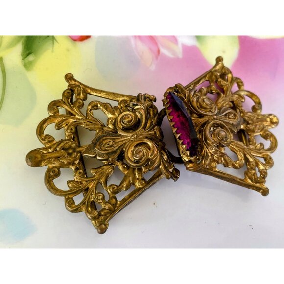 Antique Victorian OrnateBrass Dress Buckle With Ruby Red Glass Stone - Picture 3 of 8
